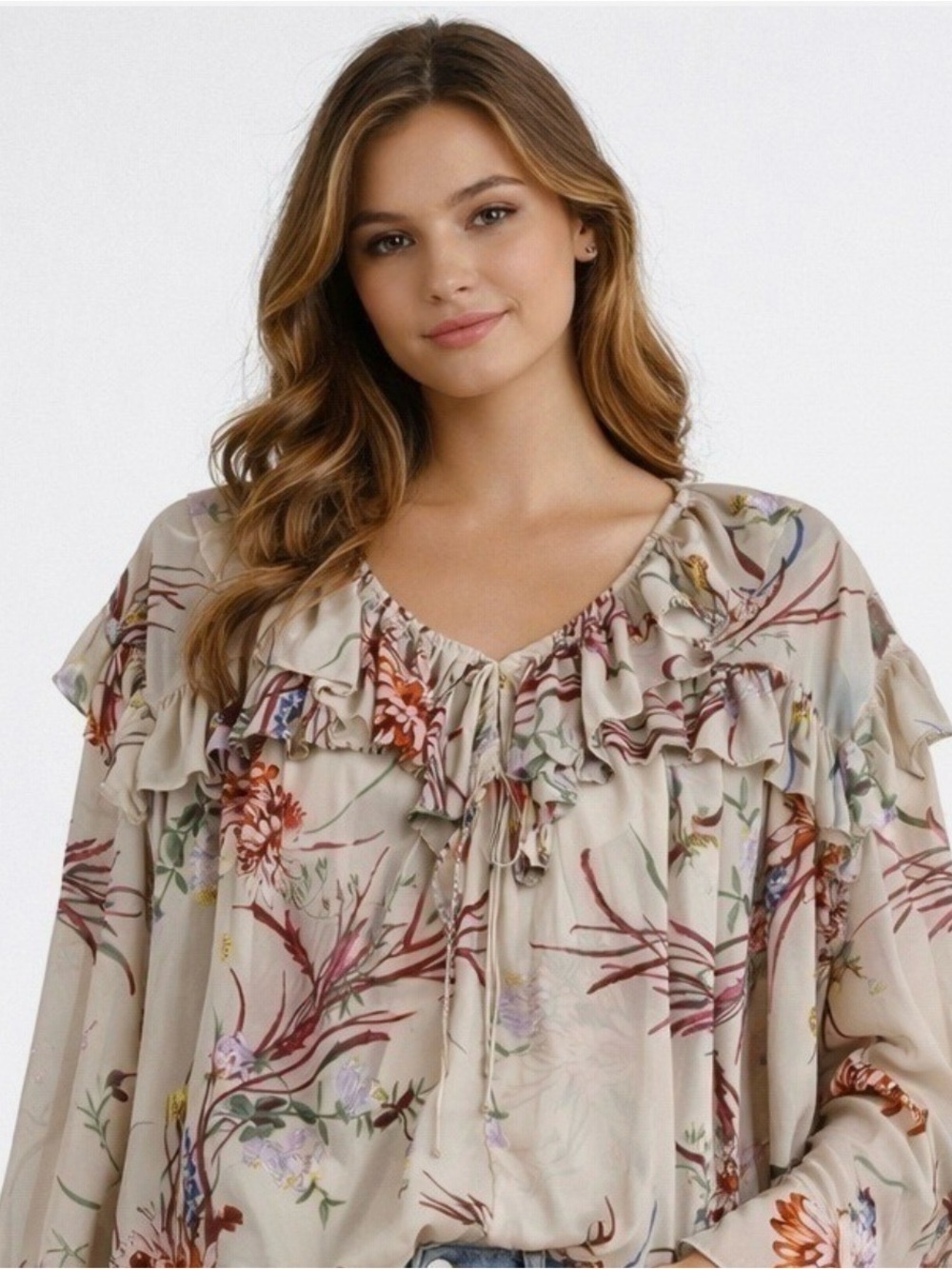 H&M Women's Beige Floral Print V-Neck Flowy Chiffon Blouse